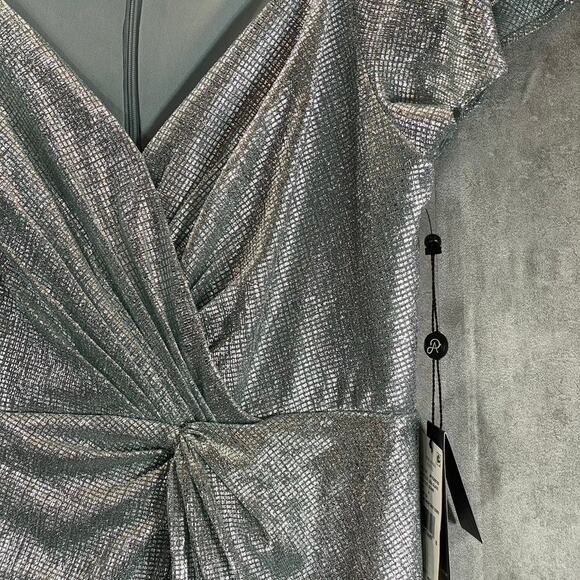 ADRIANNA PAPELL Women's Sea Glass Metallic Mesh Twist Short Sleeve Maxi Gown SZ6 - Picture 6 of 14